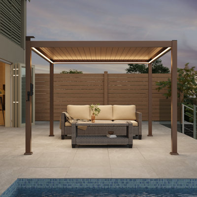 Waterproof Outdoor Pergola with LED Strip Lights, Rust-Proof Metal Pergola with Adjustable Roof for All-Weather Shade