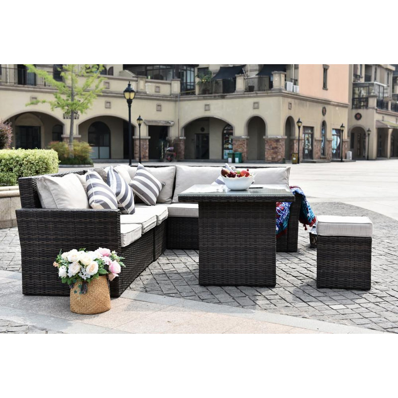 9 - Person Modular Patio Conversation Set with Cushions, Beige, Brown