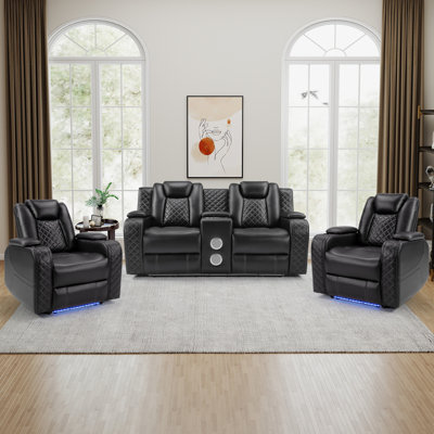 Bouzoun 3-Piece Breathable Faux Leather Dual Motor Power Reclining Loveseat Living Room Set With Cupholders And Storage