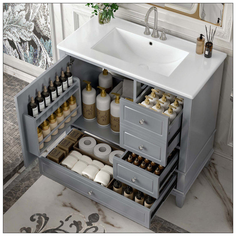 Lavabo de salle de bain autoportant en céramique avec 3 tiroirs et trous de robinet, Gris