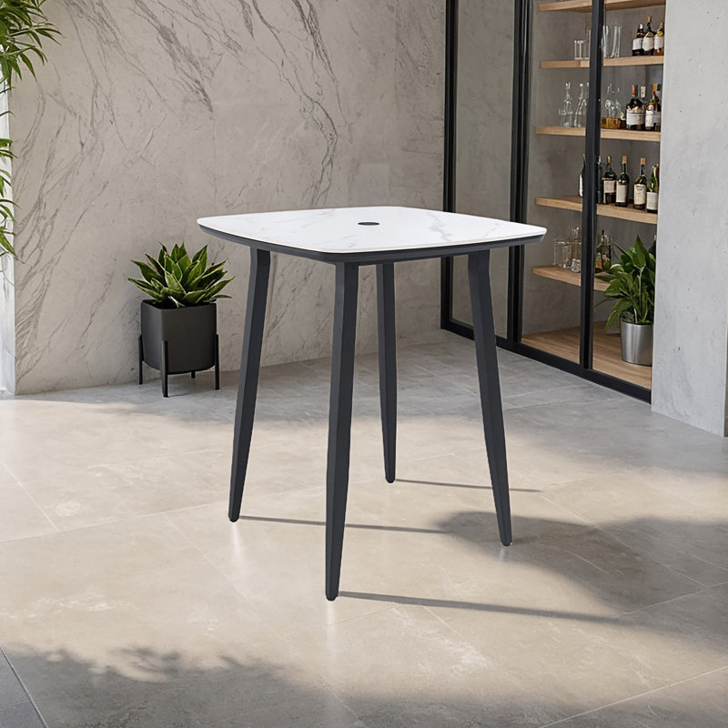 Table de bar d'extérieur moderne carrée arrondie avec dessus en pierre frittée d'inspiration marbre