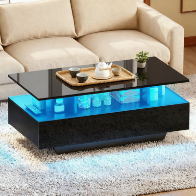 Table basse moderne à DEL avec rangement, 4 tiroirs coulissants et tablette ouverte, table centrale ultrabrillante pour le salon avec télécommande