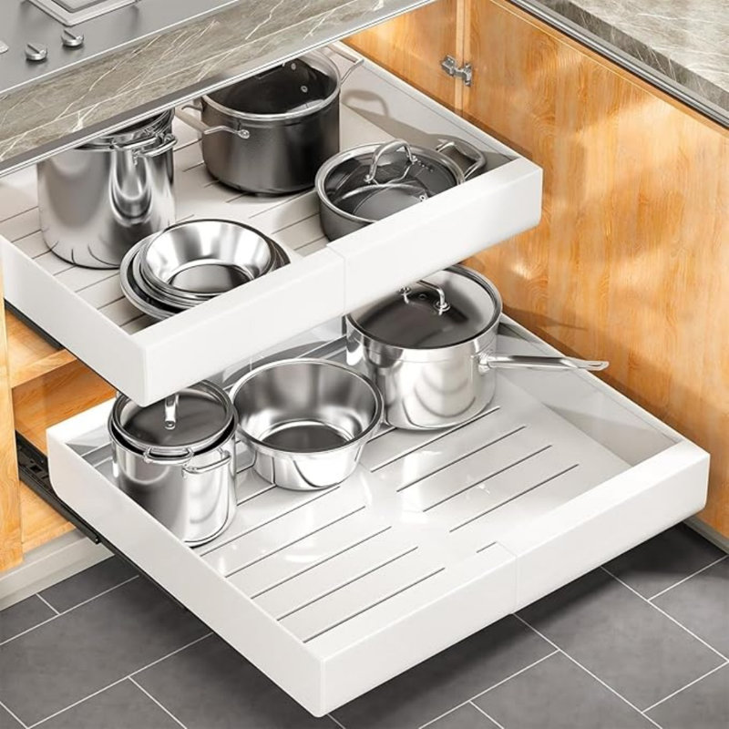 Pull Out Cabinet Organizer, Expandable(12"-20") Heavy Duty Slide Out Drawers Fixed With Adhesive Nano Film For Pots, Roll Out Shelf Storage For Kitchen Base Cabinet Organization(White),Pack Of 1