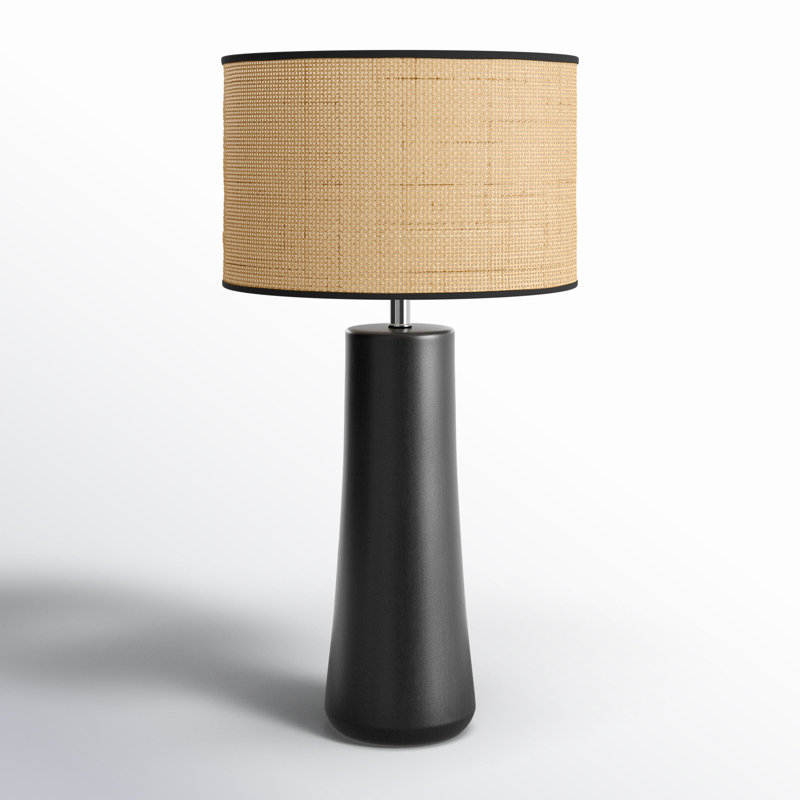 Piazza Ceramic Table Lamp, Black, Natural Rattan w. Black Trim, 30''H x 16''W x 16''D