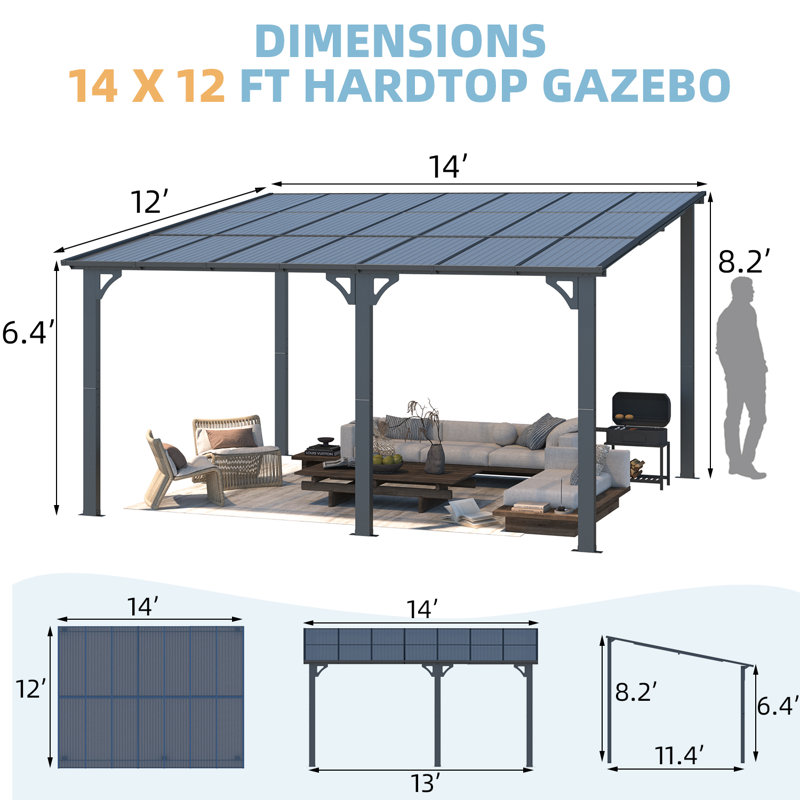 Mandalc Aluminum Pergola with Canopy, Black, 426.72cm x 365.76cm