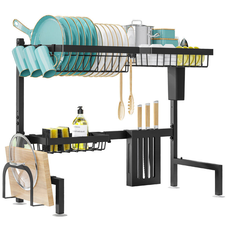 Adjustable Over-the-Sink Stainless Steel Dish Drying Rack, Large-Capacity Kitchen Organizer, Black