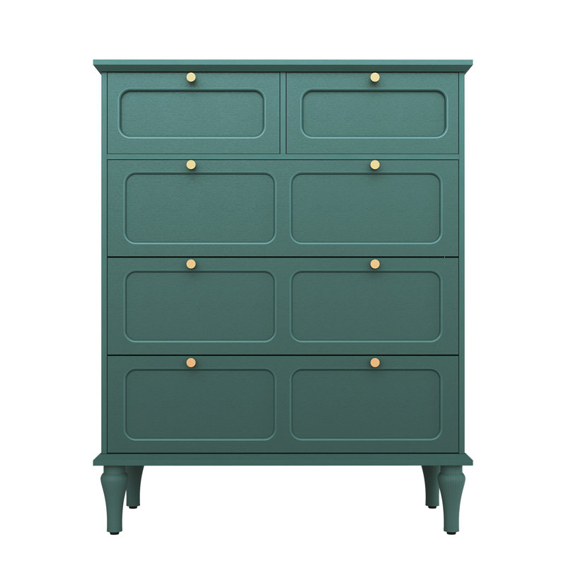 40.4"Mid-century 5-Drawer Tall Chest, Metallic Handles with Anti-Tilt Design, Green