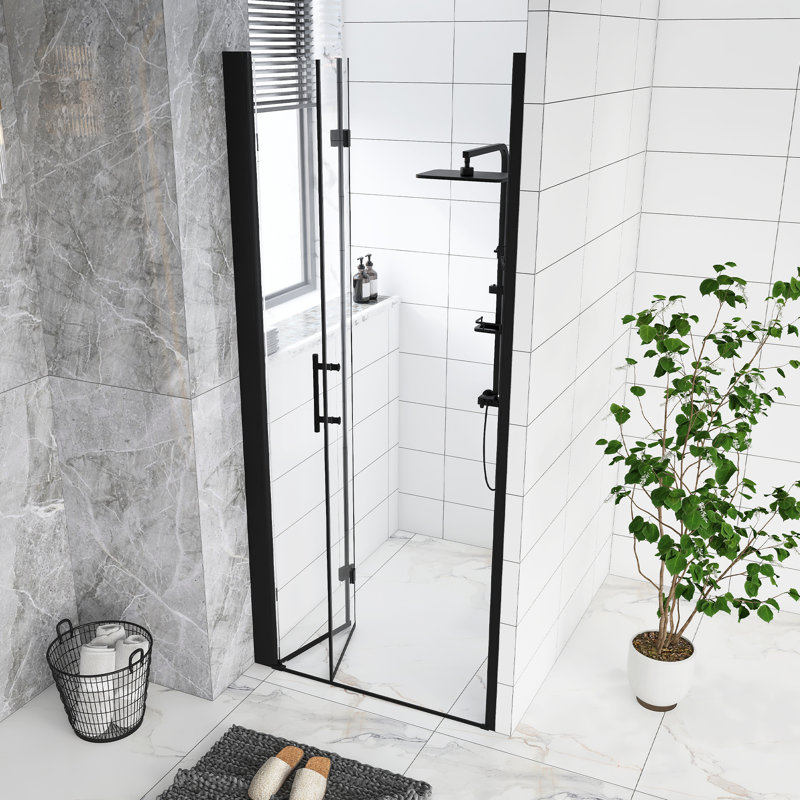 34.In W X 72.In H Bifold Shower Door, 1/4 In Thick Tempered Glass, Matte Black Aluminum Frame, Explosion Proof Film