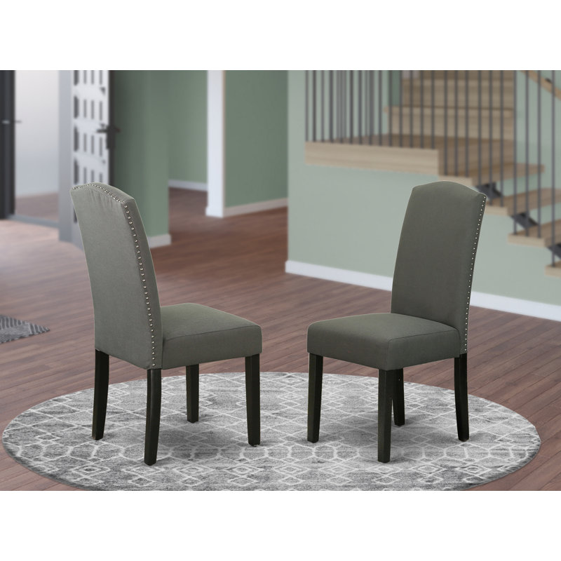 Encinal Parson Kitchen Chairs - Nailhead Dark Gotham Gray Linen Fabric Upholstered Dining Chairs, Set of 2, Black, Black