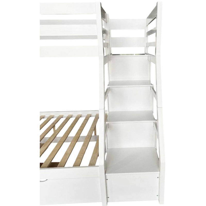 Lit superposé simple / double avec lit gigogne, rangement intégré et couleur blanche, pin, système à lattes (14 + 14), capacité de 220 lb, matelas non inclus, rangement, matériau de plis, système, charge