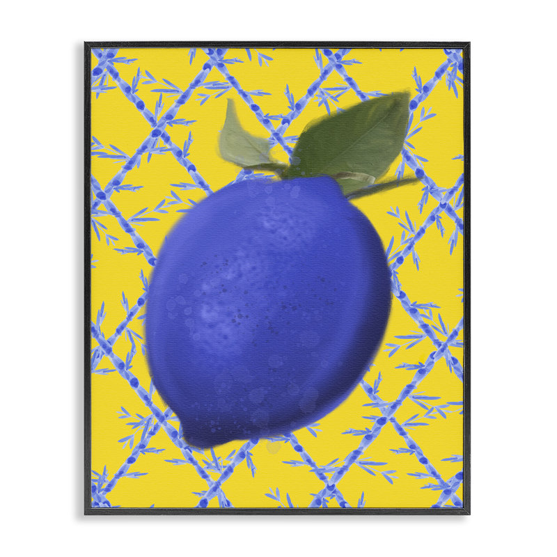 Estampe numérique bleue sur fond jaune, design par Matthew Piotrowicz, H 20 po x l 16 po, Giclée encadrée noir minuit