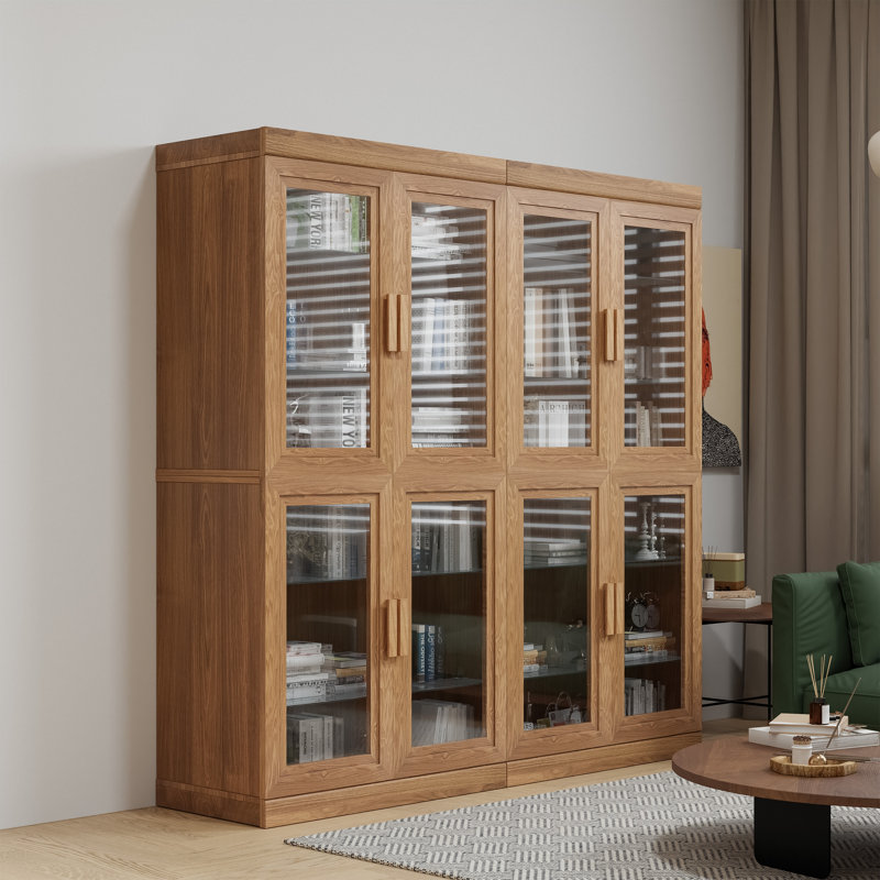 62" Wood Storage Bookcase with Adjustable Shelves with Glass Doors, Natural Wood