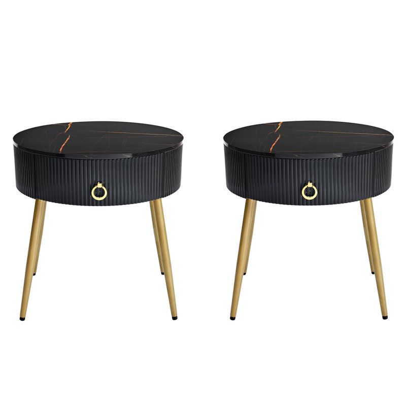 19.6'' Easy Assembly End Tables With High Gloss Faux Marble Tabletops, Black