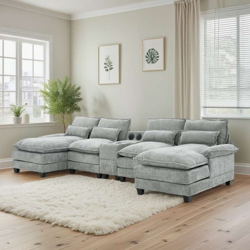126‘’W U Shaped Cloud Couch Sectional Sofa,chenille Cloud Black Sectional Couches With Double Chaise Lounge For Living Room