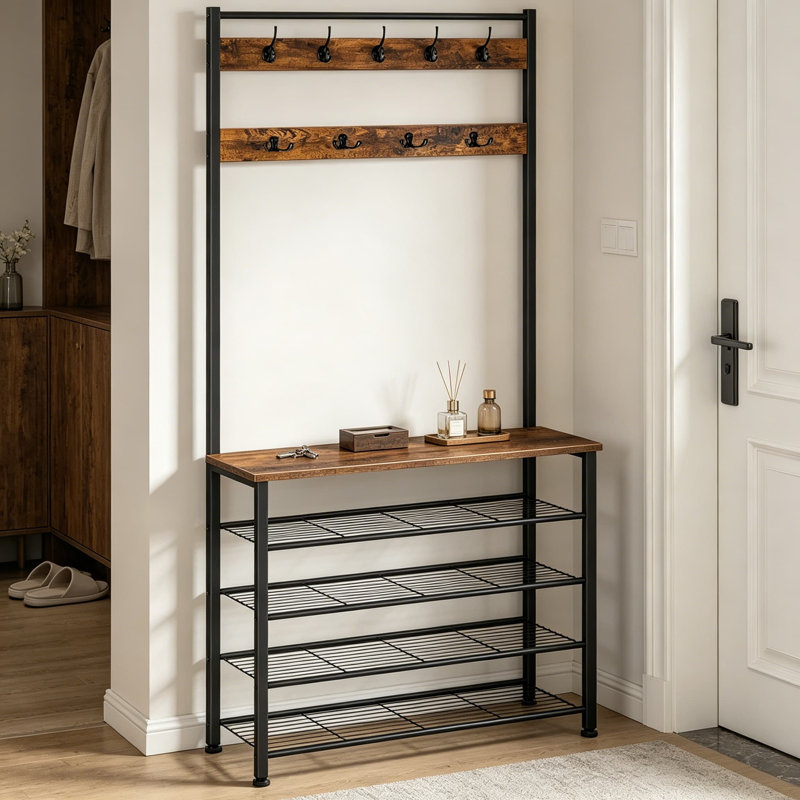 Hall Tree with Bench and 5 Tier Shoe Storage, Coat Rack with 9 Hooks for Entryway, Closet, Sturdy Industrial Design, Rustic Brown and Black