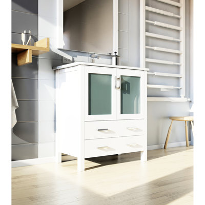 30" W X 18.25" White Bath Vanity With Ceramic Top, Faucet, And 28" Mirror Scratch Stain