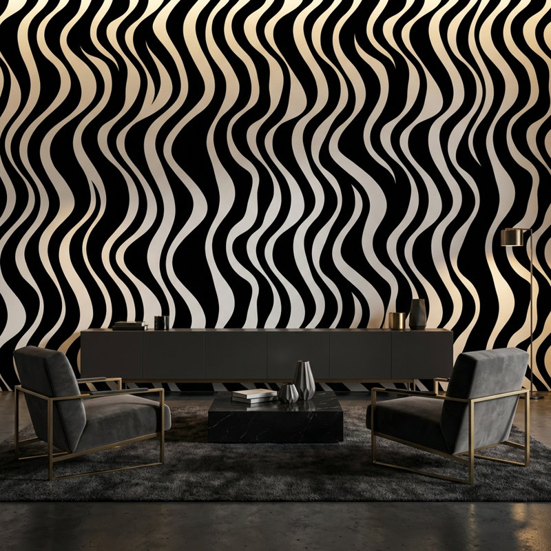 Papier peint abstrait noir et blanc Wavy, 120 po x 96 po, Peler et coller
