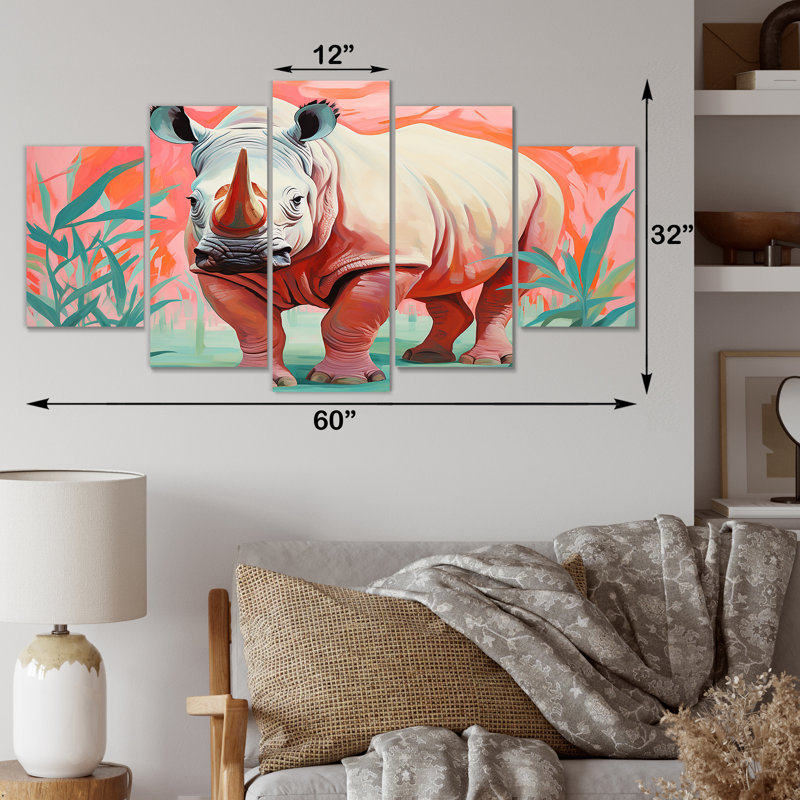Rose et vert Rhino Paradise III - Rhinoceros Multipanel, décoration murale