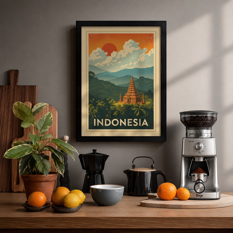 Temple Among Mountains Vintage - Print, A2 - 59.4 x 42.0 cm, Black