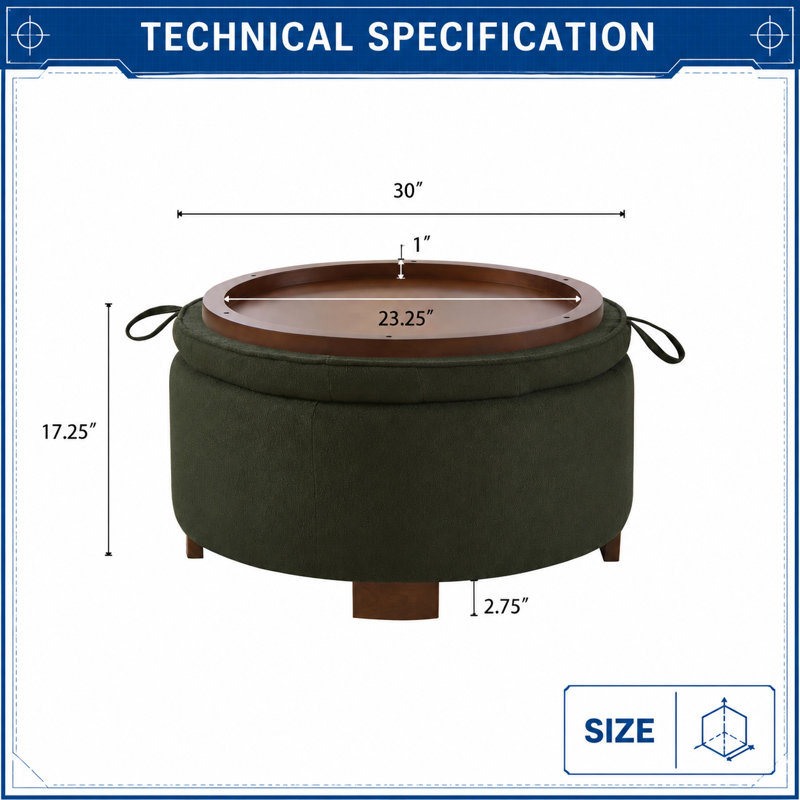 Repose-pieds de rangement rond multifonctionnel avec couvercle rabattable réversible, repose-pieds rembourré avec compartiment de rangement caché spacieux, pieds en bois robustes, siège supplémentaire double usage et table d'appoint