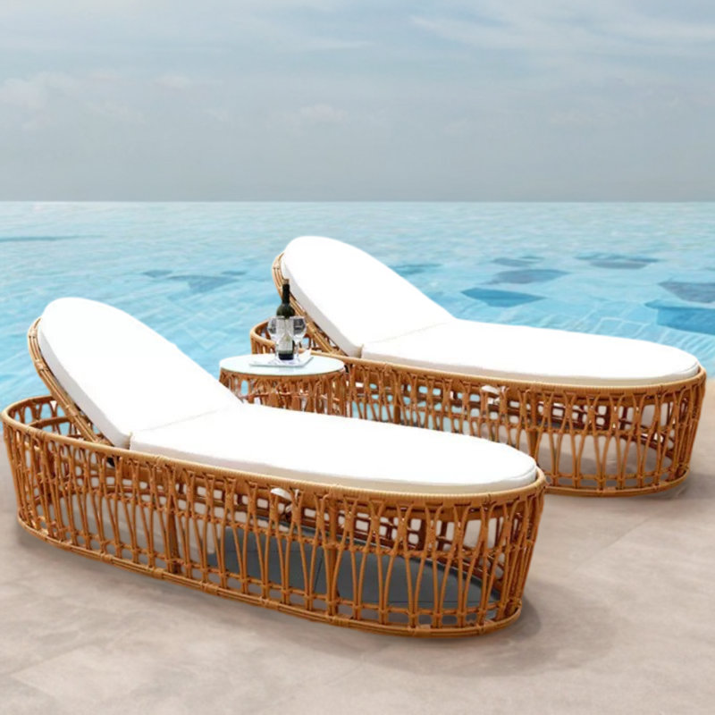 Outdoor Recliner Swimming Pool Beach Chair Outdoor Chaise Lounge Set with Table , Cushion Included