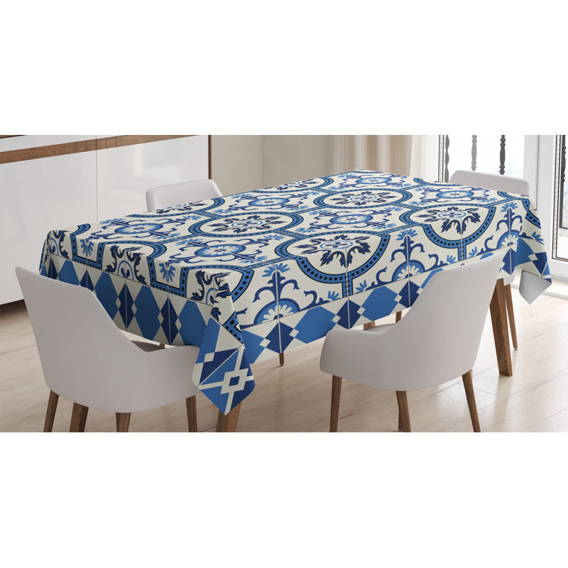 Nappe marocaine, mosaïque de style turc portugaise, motifs en céramique, image rétro de style campagnard, housse de table rectangulaire pour décor de cuisine de salle à manger, 52 po x 70 po, bleu marine et blanc