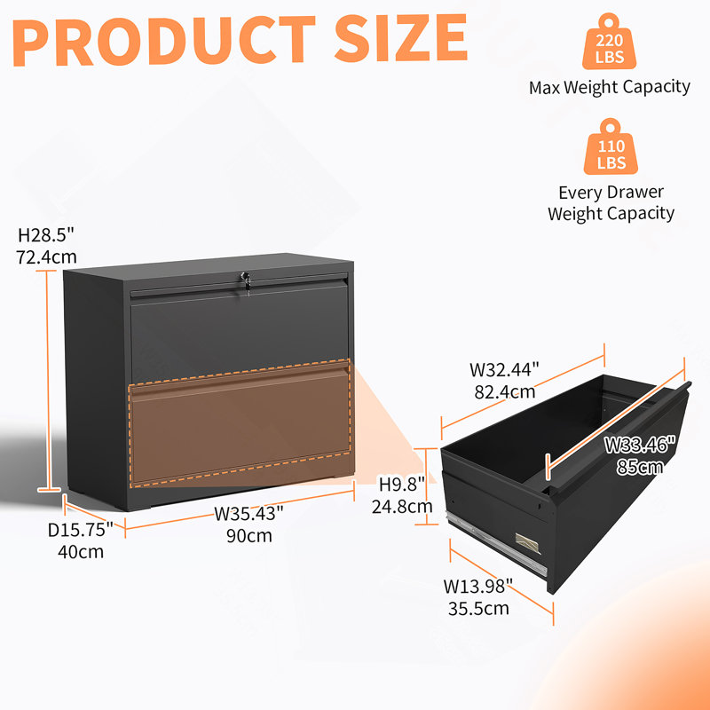 Lateral File Cabinet 2 Drawer, Black Filing Cabinet With Lock, Lockable File Cabinet For Home Office