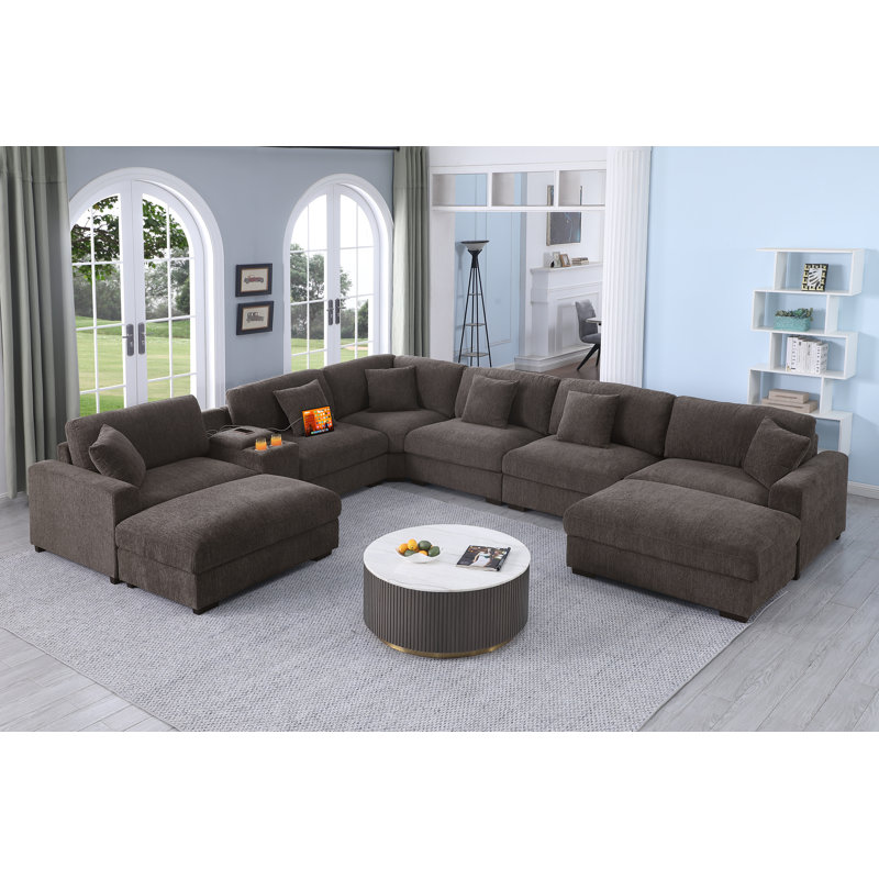 8-Person Chenille Sectional with Console and 2 Ottomans , Dark Gray Chenille