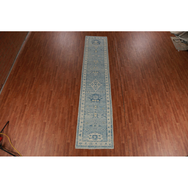 Tapis de couloir bleu teint à la main Oushak 3 x 14