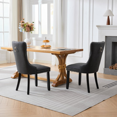 Charcoal Black Dining Chairs Set of 2, Vintage PU Leather with Button Tufting and Elegant Nailhead Trim