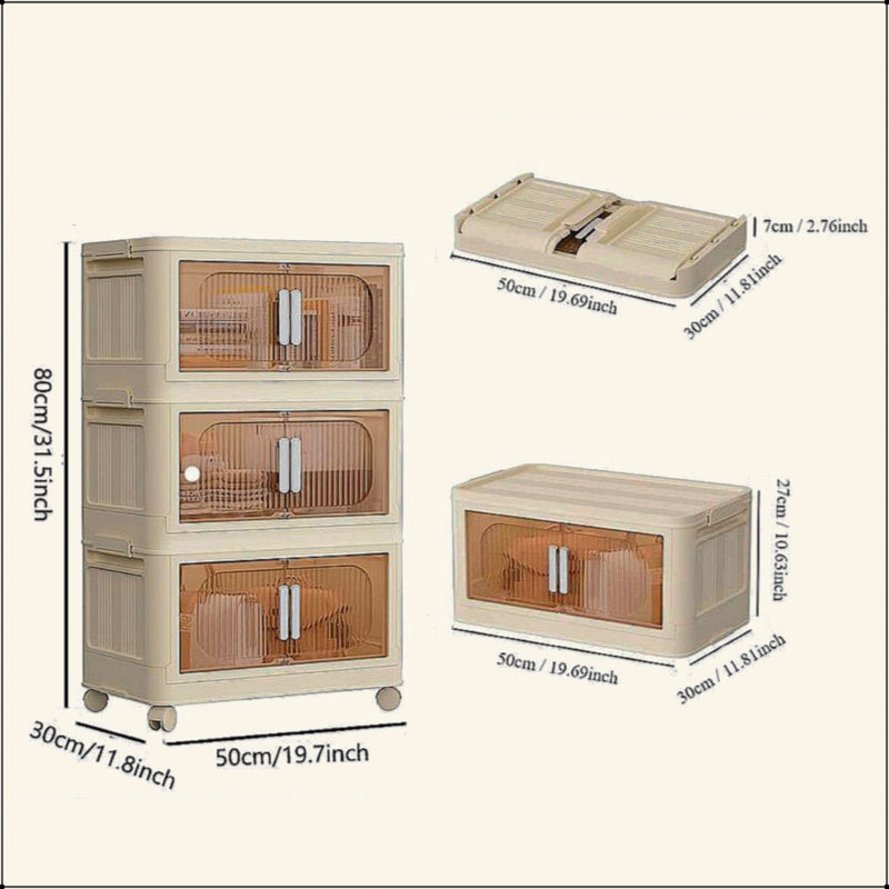 19.69" Side Wide Folding Storage Cabinet ,3 Tiers,19.69"×11.81"×31.1",Collapsible Storage Bins With Magnetic Door, Plastic Storage Cabinet With Wheels, Closet Organizers And Storage Containers
