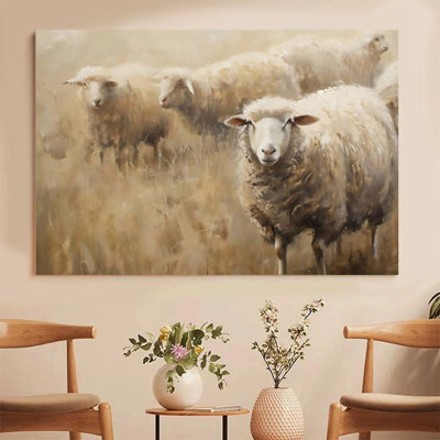 1Pc Framed Canvas Poster Print Rustic Artwork of Woolly Sheep in a Misty Pasture Wall Art Decor, Perfect for Room Decor Living Room Bedroom Office Kitchen Bathroom Home Decor, Ideal Home Wall Decoration Gift