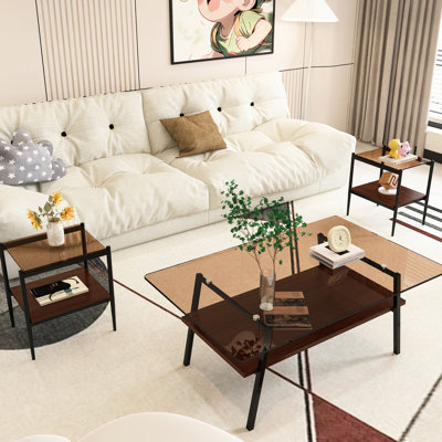 3 tables de salon, tables basses et tables de bout, verre trempé, tables brunes, design moderne