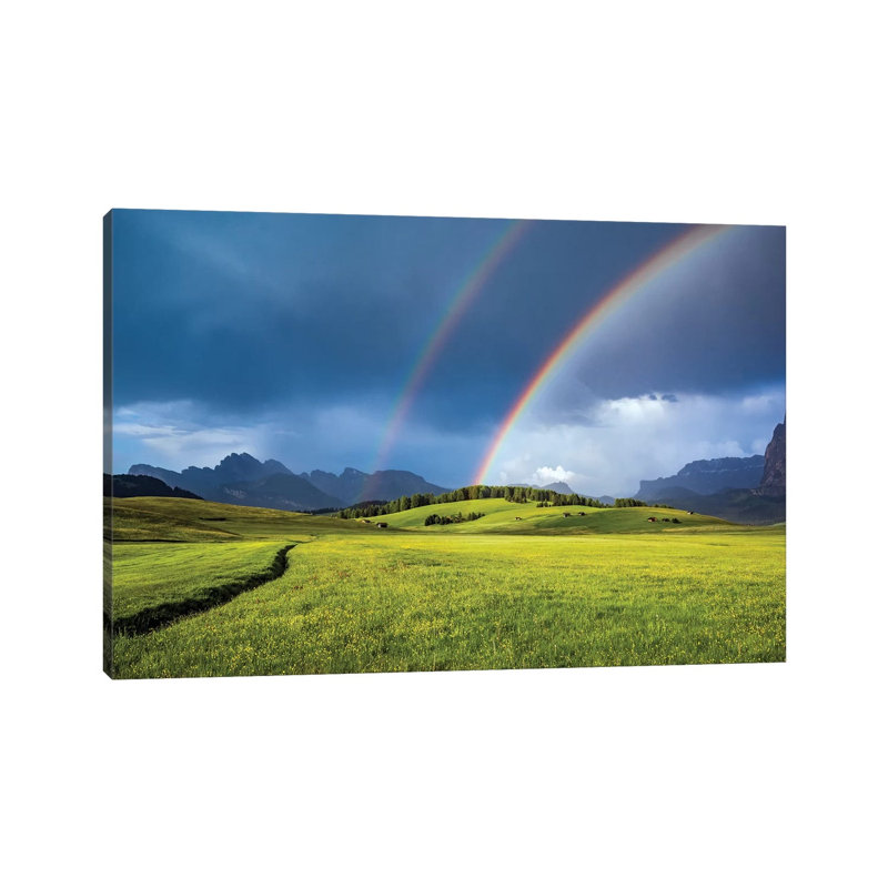 Italy, Dolomites, Alpi Di Siusi. Double Rainbow over Mountain Meadow. 1 Piece Wrapped Canvas Wall Art