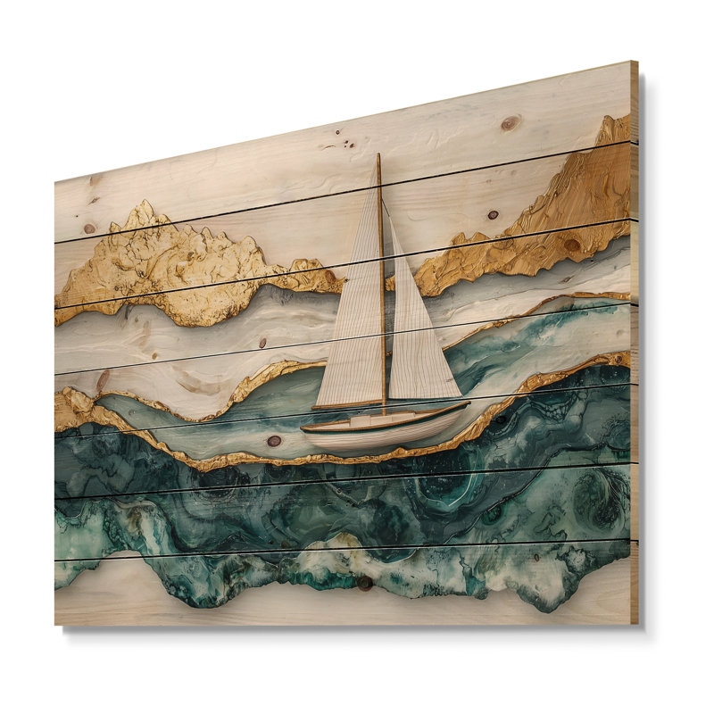 Voilier doré sur l'océan Emerald IV - décoration murale bateau en bois - sur bois de pin naturel