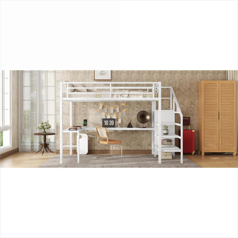 Structure de lit mezzanine en métal pleine grandeur, blanc pur, avec garde-robe de bureau en forme de L et DEL, idéale pour les petits espaces de chambre à coucher pour adolescents