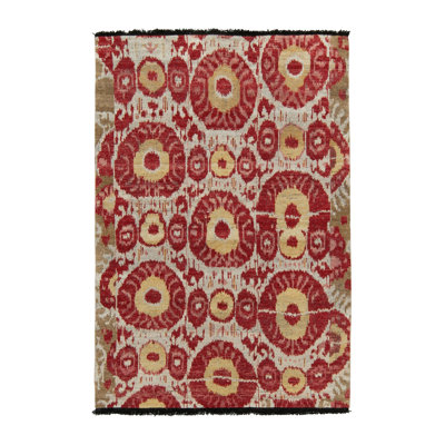 Tribal Rug In Red, Yellow, Green, White Ikats Pattern By Rug & Kilim