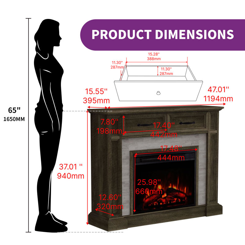 Symple Stuff 47" W Electric Fireplace 2 Drawer Remote Control Five Flame Brightness, Brown