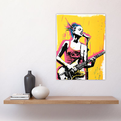 Female Punk Music Guitarist Portrait Yellow Wall Art Print