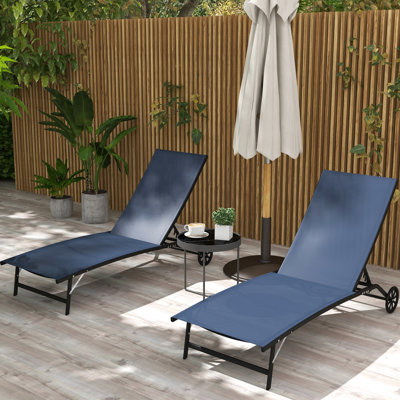 Salon de patio bleu foncé avec 2 roues et 5 positions réglables pour la terrasse, la plage, la cour, 2 pièces