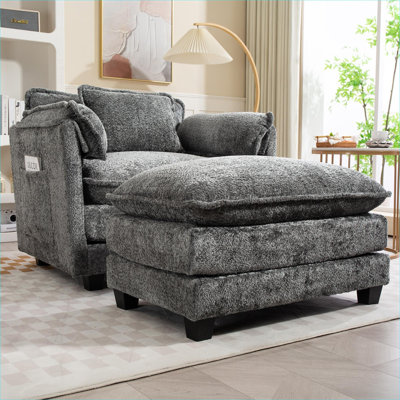 Fauteuil surdimensionné simple à accoudoirs gris froid avec repose-pieds portatif Boucle pour le salon et la chambre à coucher