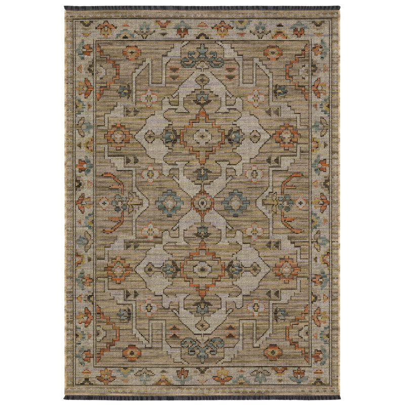 Tapis en laine Tincie Global Bohemian Medallion, Brun clair / terre cuite, Rectangle 7 pi 10 po x 10 pi 10 po