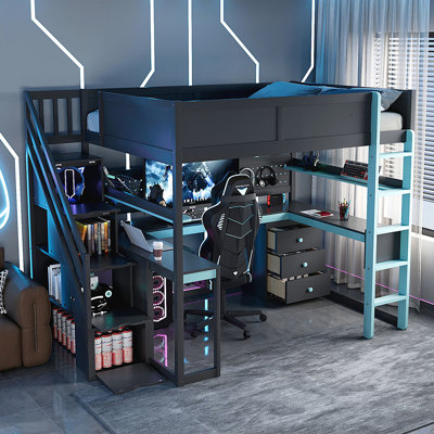 Lit mezzanine en bois avec escalier de rangement, bureau, tablettes perforées pour chambres à coucher organisées et élégantes