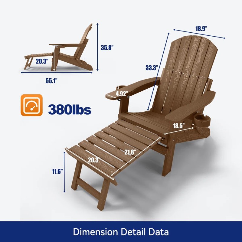 Ensemble de 2 chaises Adirondack pliantes réglables pour l'extérieur avec repose-pieds et 2 porte-gobelets pour terrasse, piscine, patio et teck