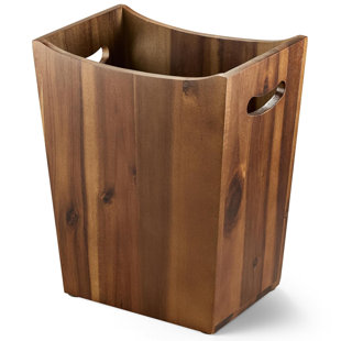 2 Gallon Acacia Wood Trash Can, Boho Decorative Wastebasket for Bathroom, Bedroom & Office