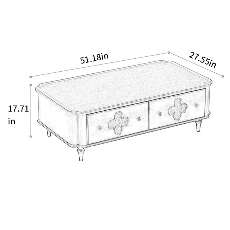 Solid Wood Clover Coffee Table with Retro Glass, 17.71" H x 51.18" L x 27.55" W