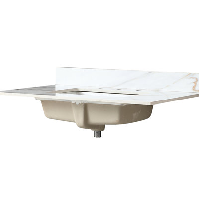 Dessus de meuble-lavabo de salle de bain 37 po x 22 po avec lavabo encastré - veines de marbre à motif veiné blanc, dosseret de 4 po, trou de robinet pré-percé, pierre frittée pour un nettoyage facile