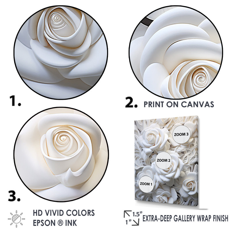 Minimalisme White Roses Passion I - Roses, impression d'art mural, Toile tendue, H 40 po x l 30 po