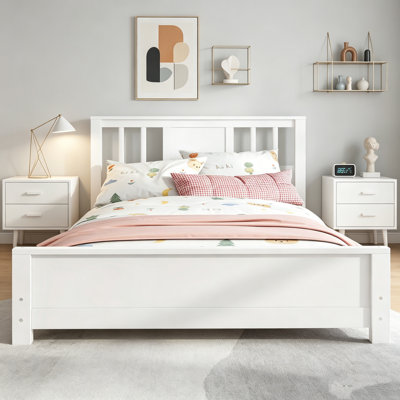 Twin Size Wood Bed Frame, Solid Wood Platform Bed With Slatted Headboard And Footboard, Heavy Duty Bed With No Box Spring Needed, Platform Bed Frame, Solid Wood Twin Bed Frame, Simple Bed Frame For Kids Teens Bedroom, White And Natural