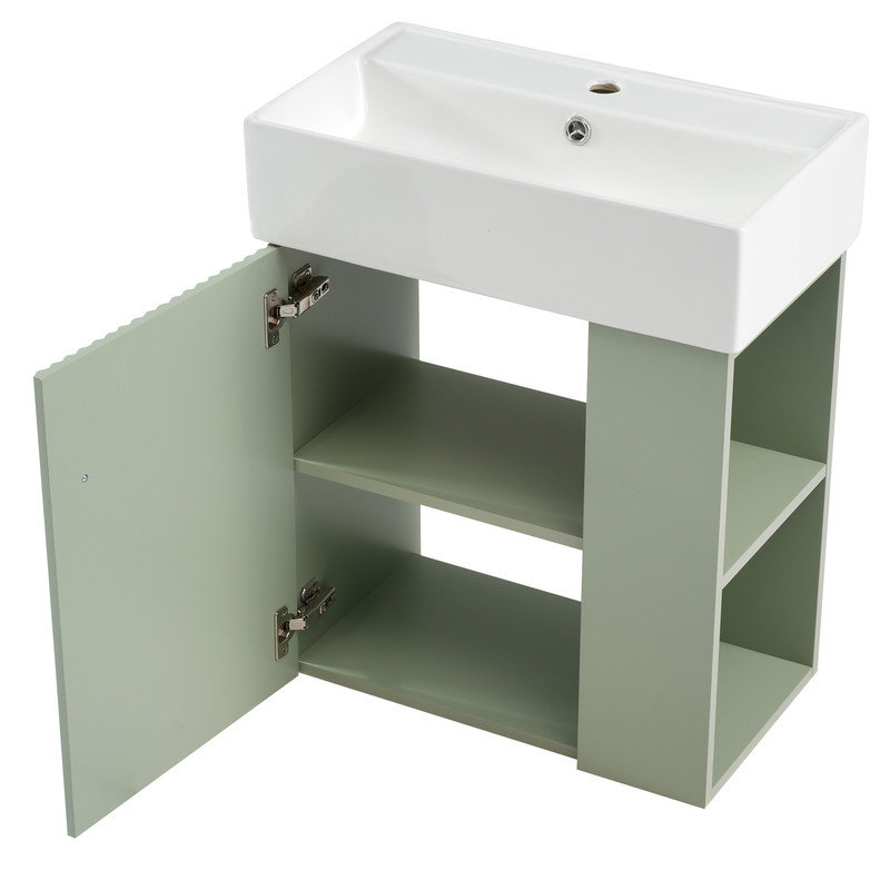Micheals 21.6 inch Modern Floating Bathroom Vanity with Ceramic Basin,Right Side Storage, Green